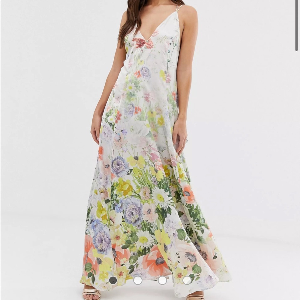 ASOS Satin floral maxi dress, flowy trapeze dress, silky flower dress